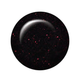 Swatch of IBD Garter Your Heart – black gel polish base with scattered red sparkle glitter and glossy shine.